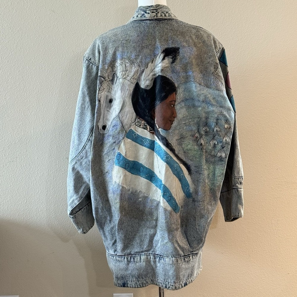Vintage‎ 80s Apache USA Hand Painted Native American Horse Denim Duster Signed